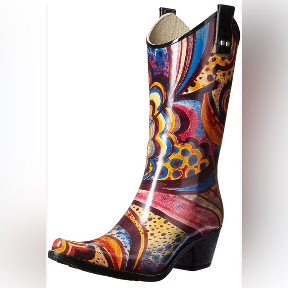 Nomad Yippy Rubber Rain Boots Cowboy Boho women’s 7 Turquoise Monet pattern - Picture 1 of 8